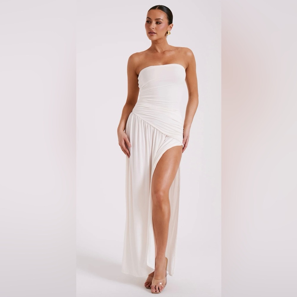 Meshki Bex Strapless Slinky Maxi Dress with Slit, Ivory NWT.